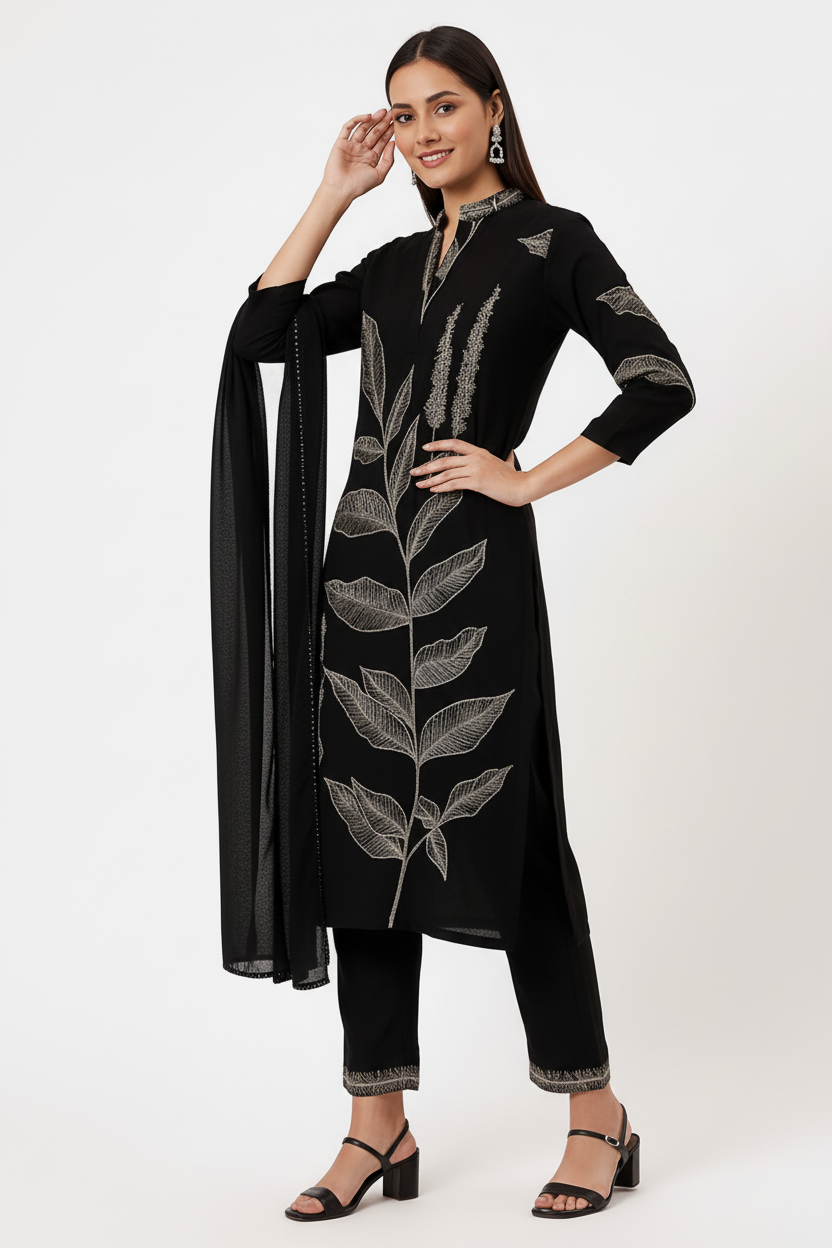 Black Maslin Embroidered Kurti Set with Dupatta – Elegant 3-Piece Ethnic Wear for Women