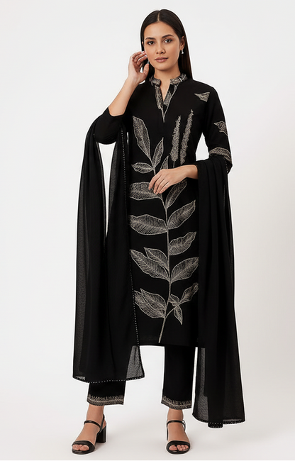 Black Maslin Embroidered Kurti Set with Dupatta – Elegant 3-Piece Ethnic Wear for Women