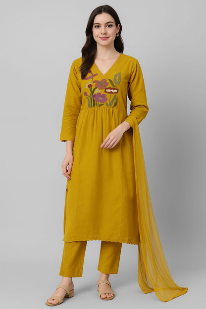 Mustard Maslin Embroidered Kurti Set with Dupatta – Elegant Floral Design for Women
