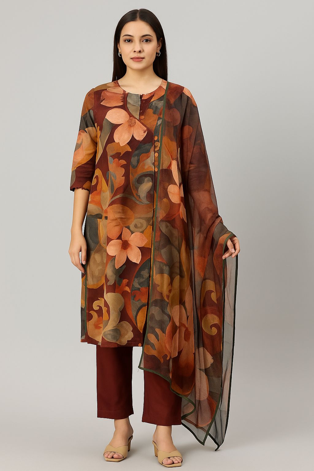 Brown Maslin Floral Printed Kurti Set with Dupatta – Elegant 3-Piece Ethnic Wear for Women