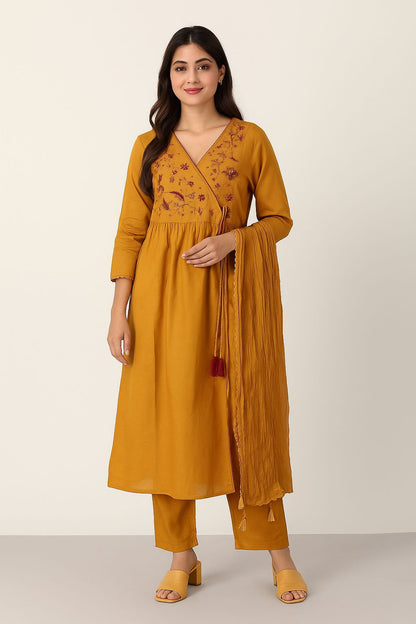 Mustard Yellow Maslin Embroidered Kurti Set with Dupatta – Elegant 3-Piece Ethnic Wear for Women