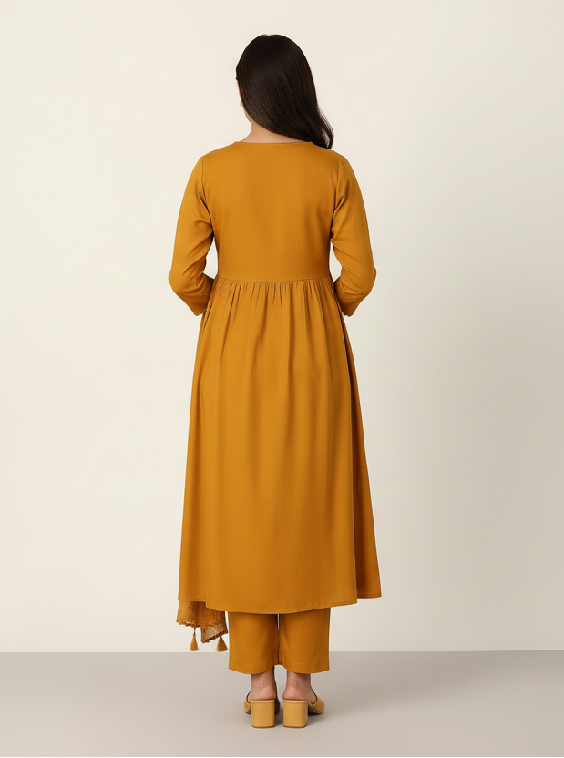 Mustard Yellow Maslin Embroidered Kurti Set with Dupatta – Elegant 3-Piece Ethnic Wear for Women