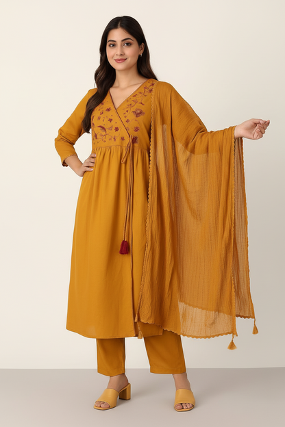 Mustard Yellow Maslin Embroidered Kurti Set with Dupatta – Elegant 3-Piece Ethnic Wear for Women