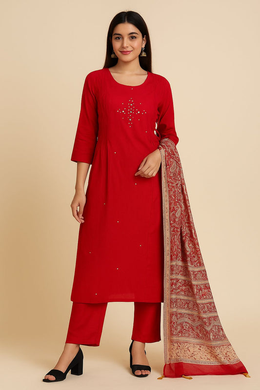 Red Maslin Mirror Work Kurti Set with Printed Dupatta – Elegant Festive Wear for Women