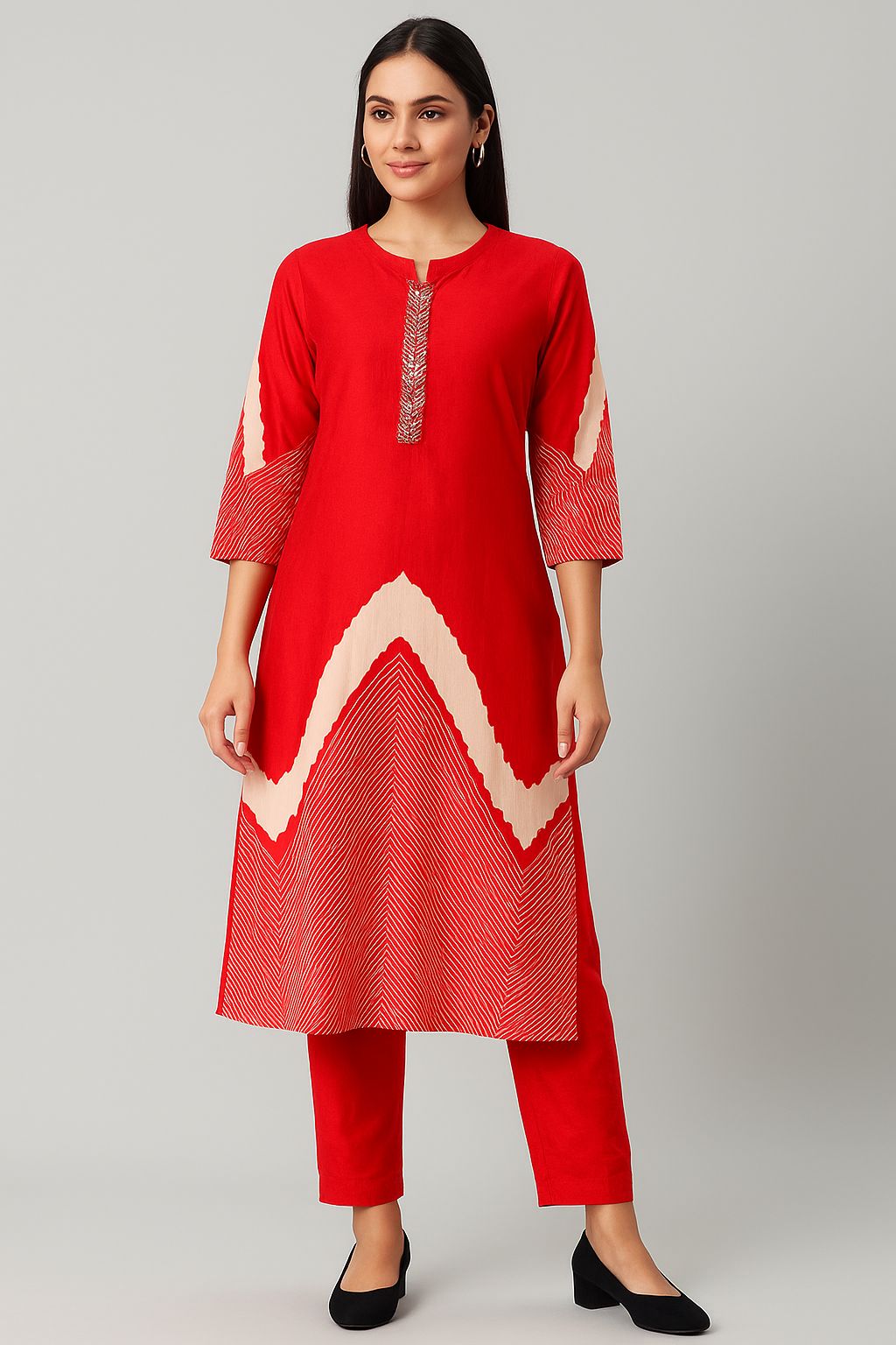 Red Maslin Printed Kurti Set for Women – Stylish Everyday Wear with Modern Chevron Design