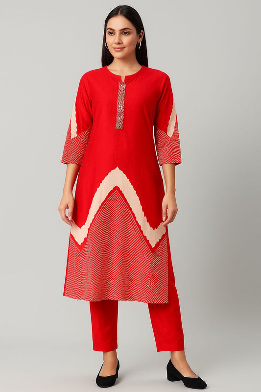 Red Maslin Printed Kurti Set for Women – Stylish Everyday Wear with Modern Chevron Design