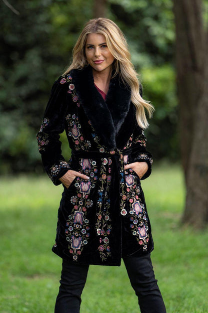 Black Velvet Embroidered Long Jacket for Women – Winter Floral Coat with Belted Waist and Faux Fur Collar