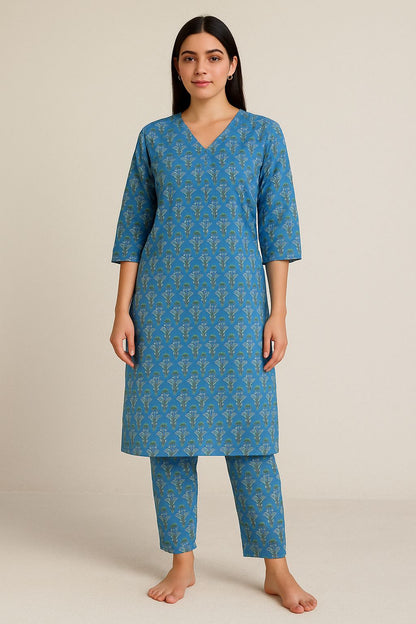 Every Day Blue Cotton Kurta Pant Set for Women – Handblock Printed Daily Wear Outfit