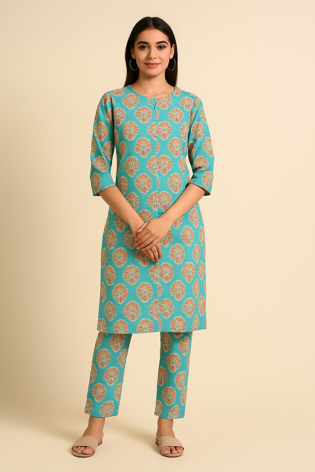 Women's Everyday Cotton Kurta Pant Set – Teal Handblock Print, Soft & Breathable Daily Wear