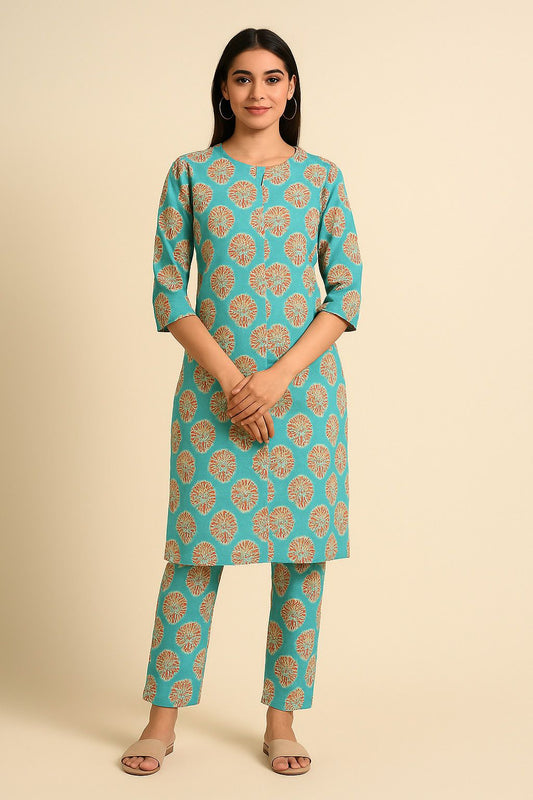 Women's Everyday Cotton Kurta Pant Set – Teal Handblock Print, Soft & Breathable Daily Wear