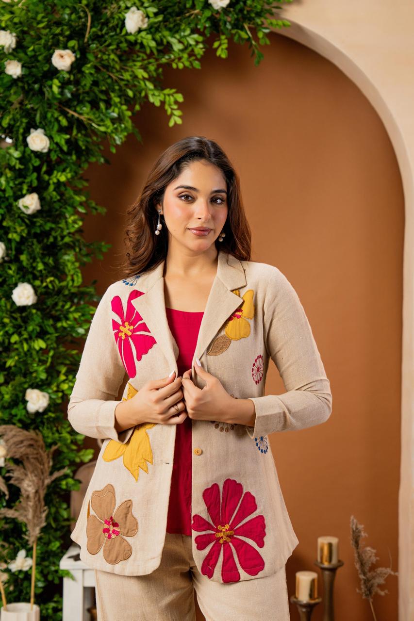 Women’s Designer Jute 3-Piece Co-Ord Set – Floral Appliqué Coat, Straight Pants & Spaghetti Top | Festive & Party Wear