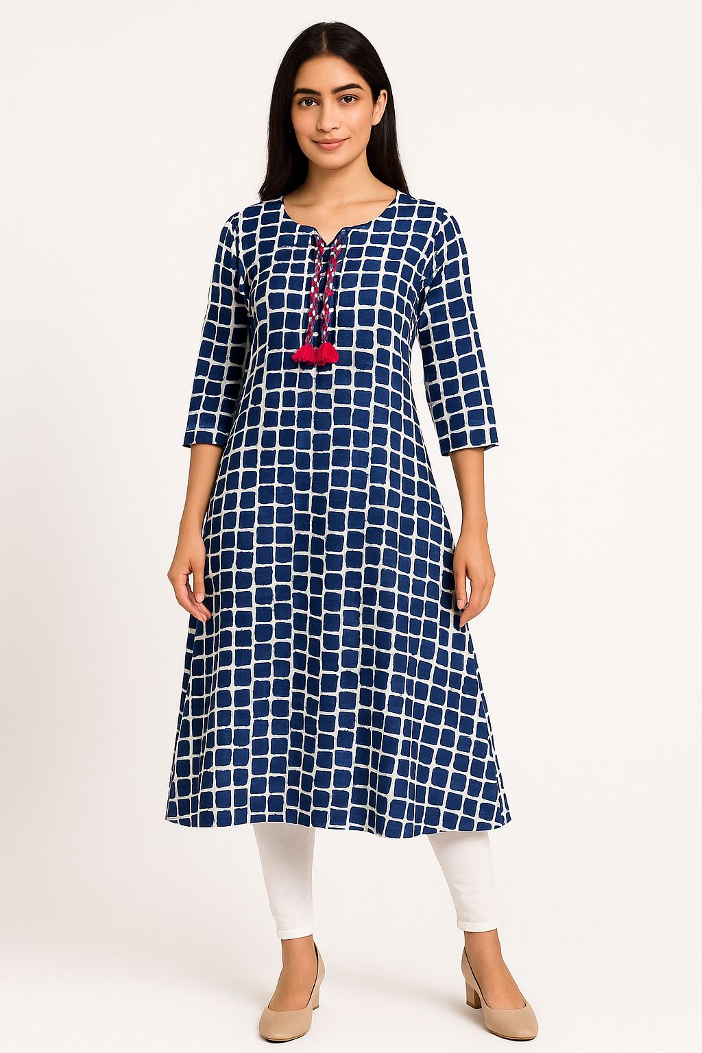 Navy Blue & White Printed A-Line Cotton Kurti for Women – 3/4 Sleeves, V-Neck with Tassel Tie-Up
