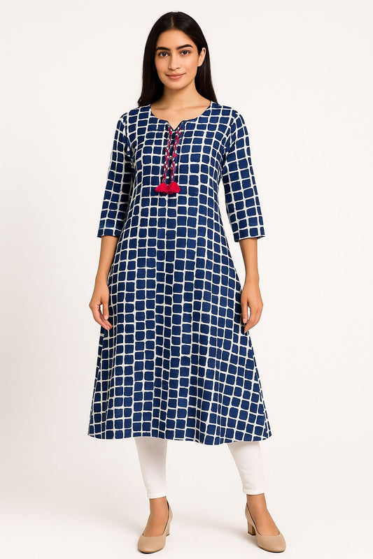 Navy Blue & White Printed A-Line Cotton Kurti for Women – 3/4 Sleeves, V-Neck with Tassel Tie-Up