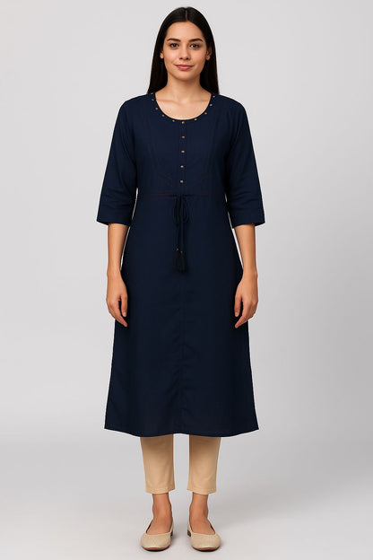 Navy Blue Cotton Everyday Kurti for Women – Comfortable A-Line Design with 3/4 Sleeves & Tie-Up Waist
