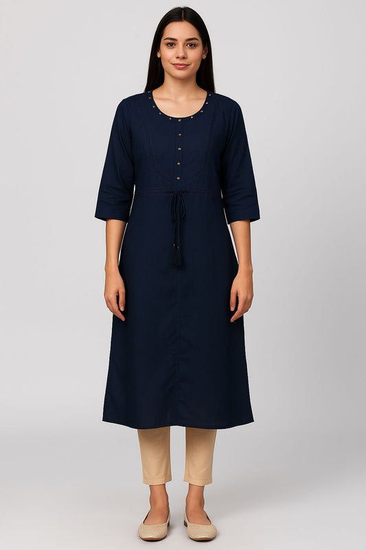 Navy Blue Cotton Everyday Kurti for Women – Comfortable A-Line Design with 3/4 Sleeves & Tie-Up Waist