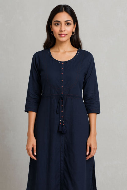 Navy Blue Cotton Everyday Kurti for Women – Comfortable A-Line Design with 3/4 Sleeves & Tie-Up Waist