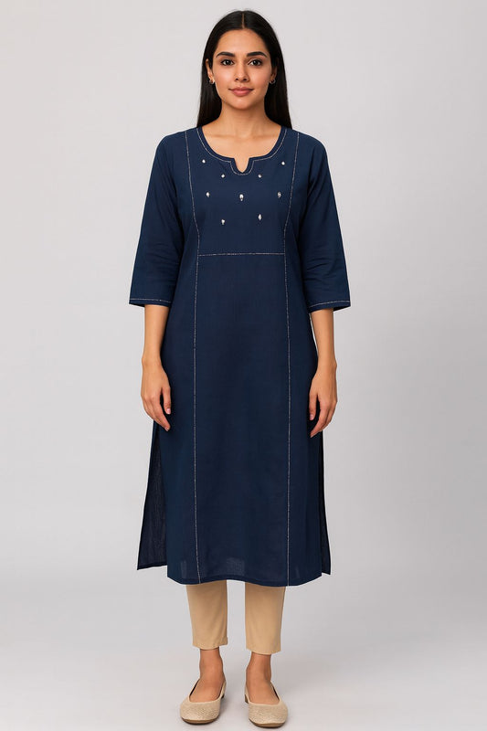 Navy Blue Cotton Straight Kurti for Women – Elegant Neck Design, 3/4 Sleeves & Everyday Comfort Wear