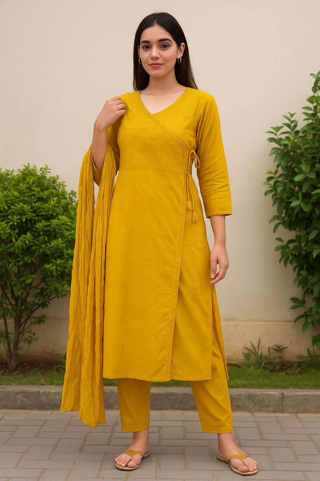 Mustard Yellow Cotton Embroidered Kurti Set for Women – Comfortable Daily Wear with Matching Pant & Dupatta
