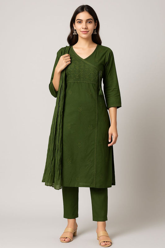 Dark Green Cotton Embroidered Kurti Set for Women – Stylish 3 Piece Suit with Pant & Dupatta