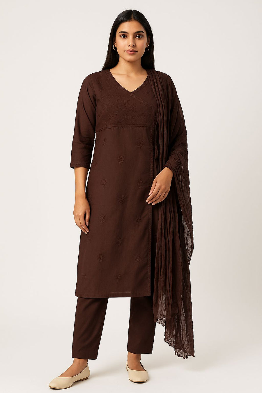 Brown Cotton Embroidered Kurti Set for Women – Elegant 3 Piece Suit with Pant & Dupatta