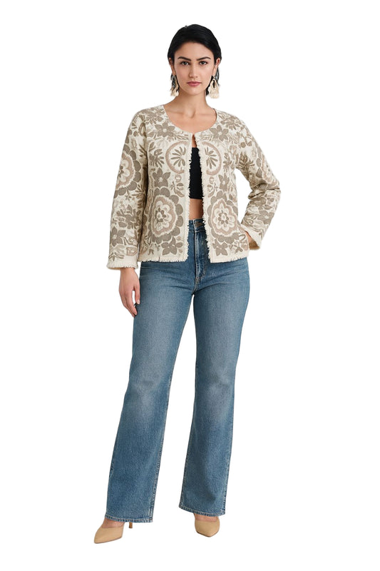 Naturalfab Beige & Brown Floral Handblock Printed Cotton Jacket for Women