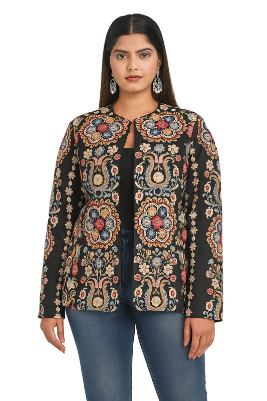 Naturalfab Black Multicolour Embroidered Ethnic Jacket for Women