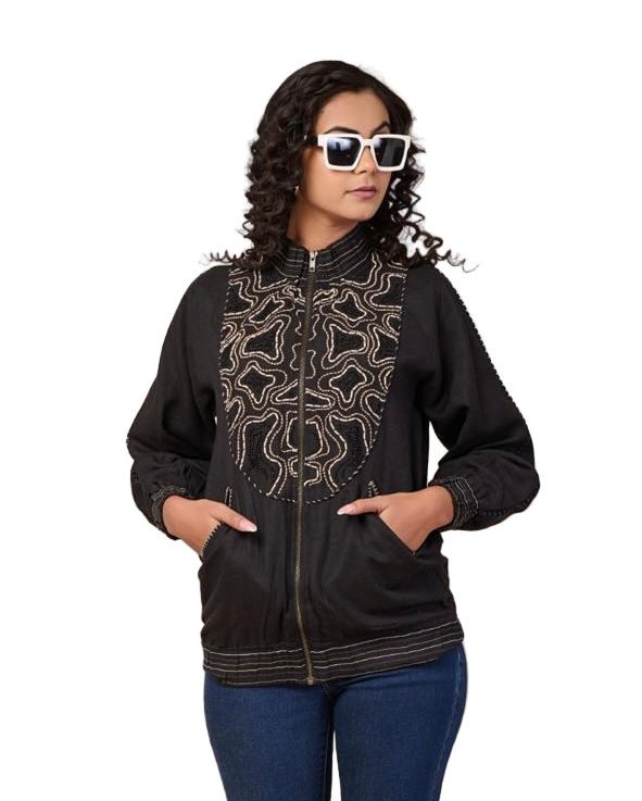 Naturalfab Black Hand-Embroidered Zip-Up Casual Jacket for Women
