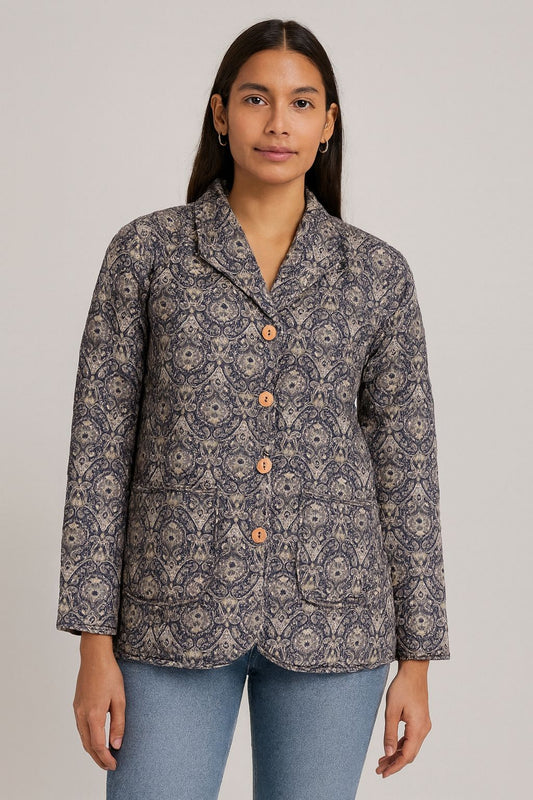 Women’s Quilted Printed Jacket | Premium Winter Layer | Button Down Casual & Office Wear | Blue Beige