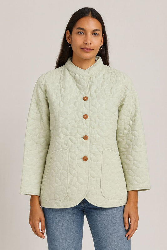 Women’s Quilted Solid Jacket | Premium Winter Layer | Mandarin Collar Button Jacket | Light Mint Green