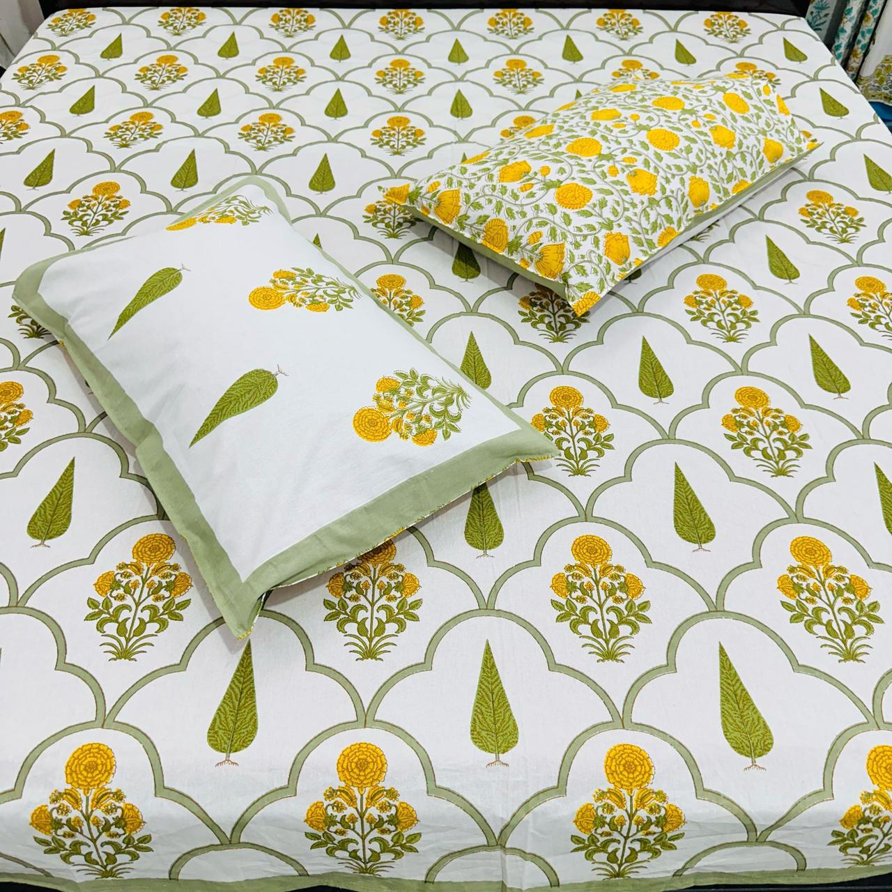 Premium Cotton Handblock Printed King Size Bedsheet 108x108 with 2 Pillow Covers – Yellow Floral & Green Leaf Pattern | Natural Fab