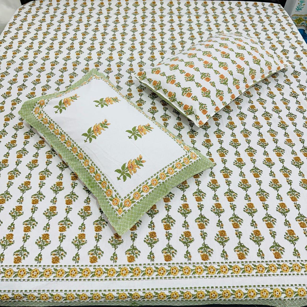 Premium Cotton Handblock Printed King Size Bedsheet 108x108 with 2 Pillow Covers – Green & Mustard Floral | Natural Fab