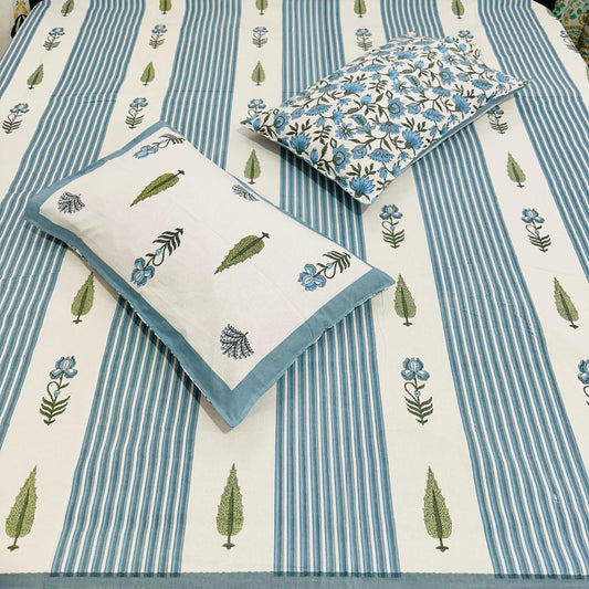 Premium Cotton Handblock Printed King Size Bedsheet 108x108 with 2 Pillow Covers – Blue Stripes & Floral Design | Natural Fab