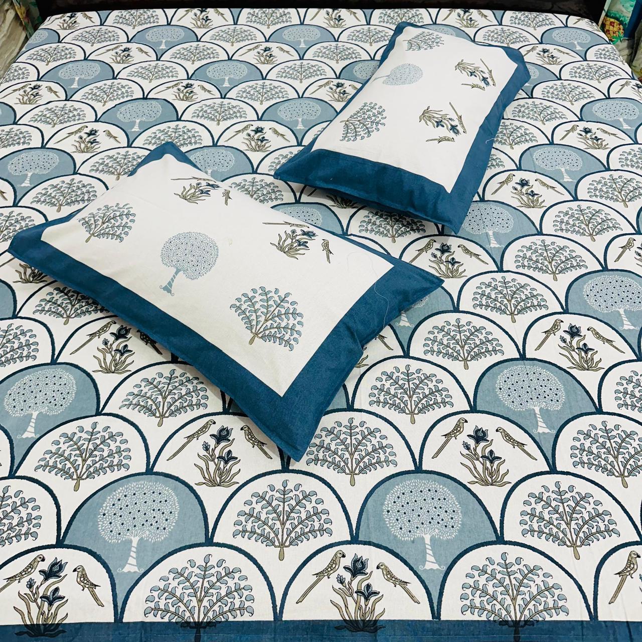 Premium Cotton Mughal Arch Printed King Size Bedsheet 108x108 with 2 Pillow Covers – Blue Birds & Floral Design | Natural Fab