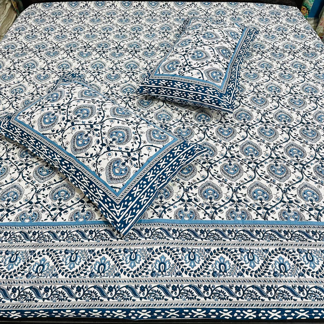 Premium Cotton Paisley Handblock Printed King Size Bedsheet 108x108 with 2 Pillow Covers – Blue Mughal Design | Natural Fab