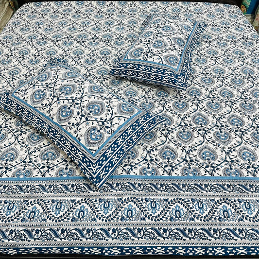 Premium Cotton Paisley Handblock Printed King Size Bedsheet 108x108 with 2 Pillow Covers – Blue Mughal Design | Natural Fab