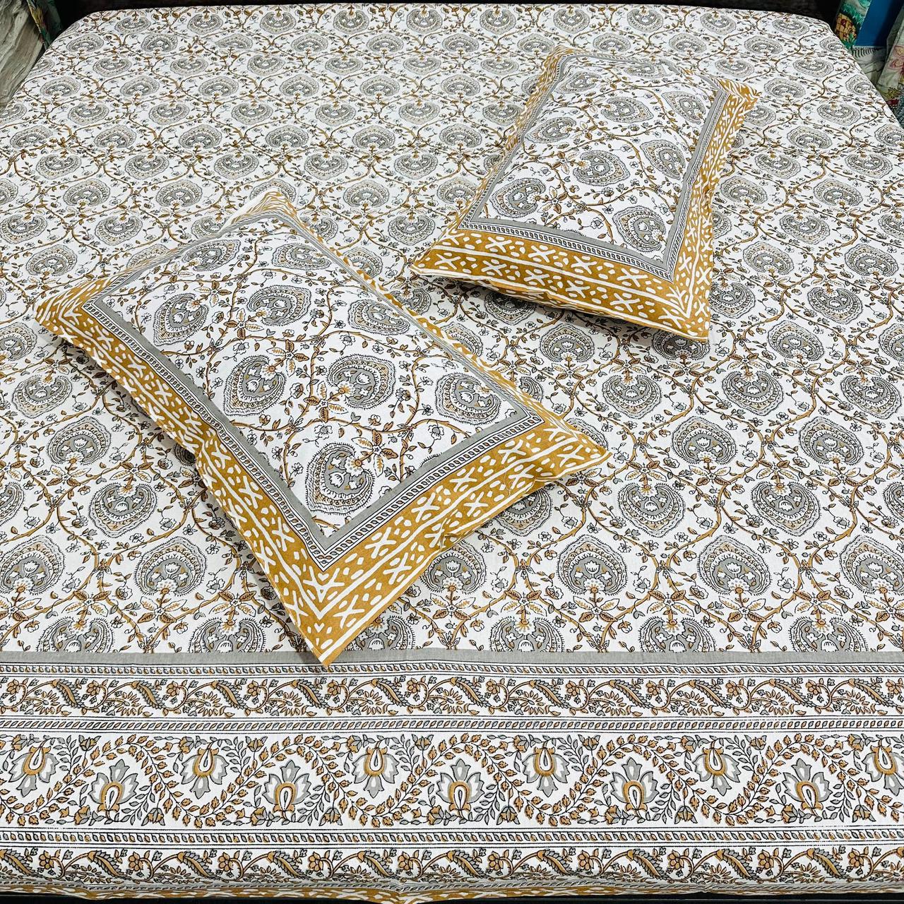 Premium Cotton Paisley Handblock Printed King Size Bedsheet 108x108 with 2 Pillow Covers – Mustard & Grey Mughal Design | Natural Fab