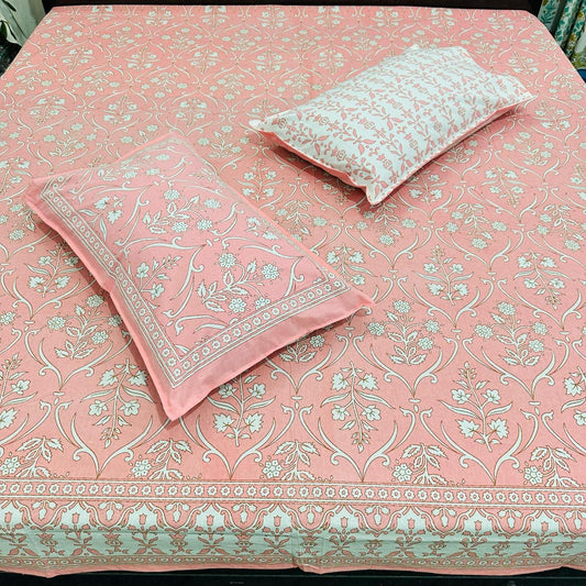 Premium Cotton Handblock Printed King Size Bedsheet 108x108 with 2 Pillow Covers – Pink Floral Mughal Print | Natural Fab