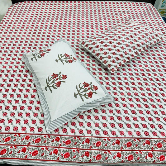 Premium Floral Handblock Printed King Size Bedsheet 108x108 with 2 Pillow Covers – Pure Cotton Red Motif | Natural Fab