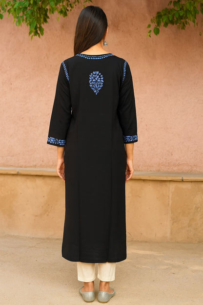 Women’s Black Cotton Kurti with Blue Floral Print | Straight Fit Ethnic Kurta