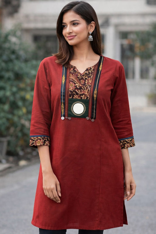 Women’s Maroon Cotton Short Kurti with Printed Panel & Mirror Detail | Casual & Office Wear Ethnic Tunic