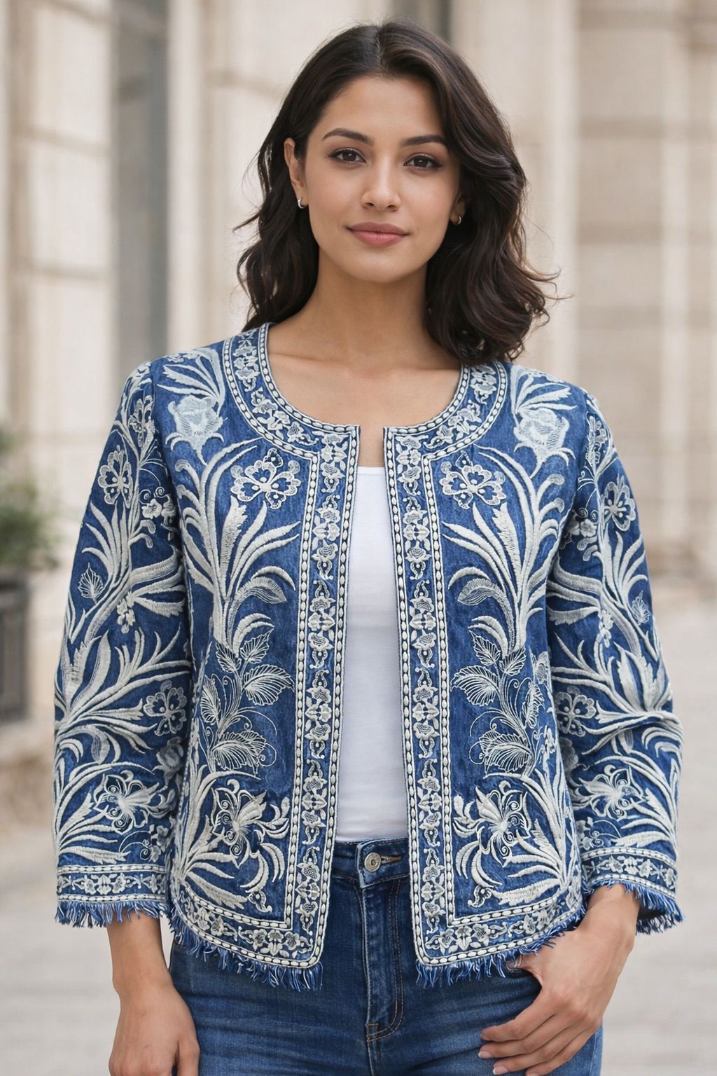 Natural Fab Women’s Cotton Denim Jacket, Handcrafted Embroidered Blue Casual Layering Jacket