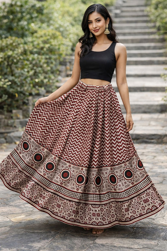 Natural Fab Women’s Handblock Printed Cotton Long Skirt, Brown & Ivory Ethnic Flared Maxi Skirt, Made in India