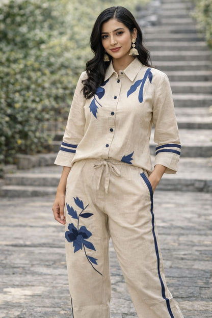 Natural Fab Women’s Cotton Co-Ord Set, Handblock Printed Beige & Indigo Shirt Top with Pants, Made in India