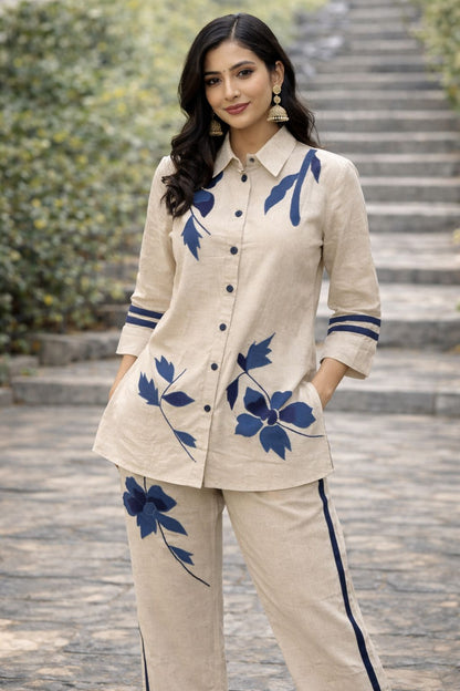 Natural Fab Women’s Cotton Co-Ord Set, Handblock Printed Beige & Indigo Shirt Top with Pants, Made in India