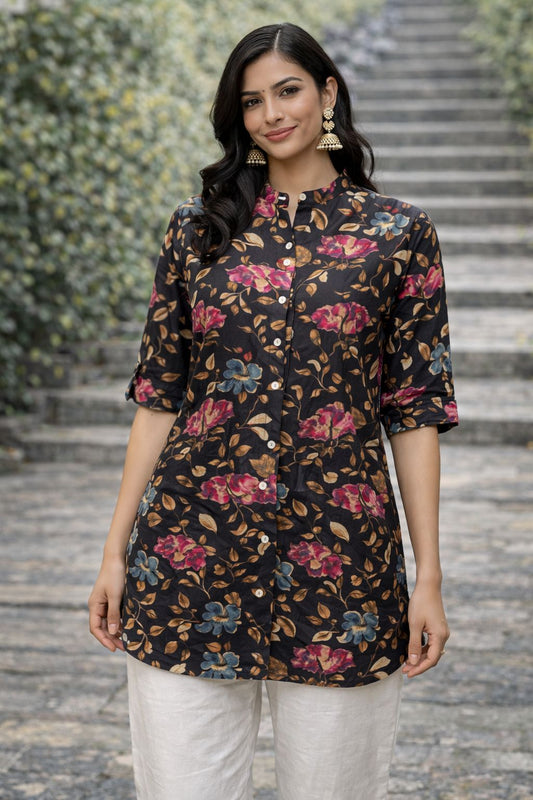 Natural Fab Women’s Short Rayon Kurti, Black Floral Printed Straight Fit Tunic, Made in India