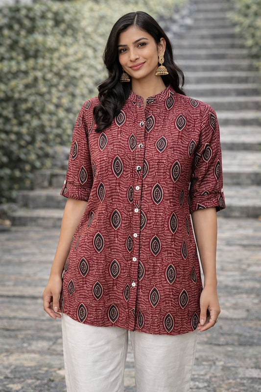Natural Fab Women’s Short Rayon Kurti, Maroon Ethnic Printed Straight Fit Tunic, Made in India