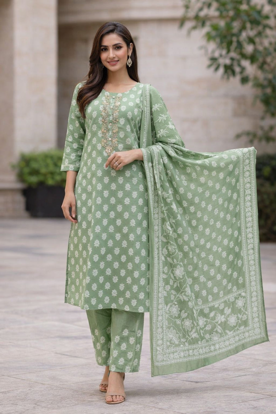 Women Green Floral Printed Cotton Kurta Set with Dupatta