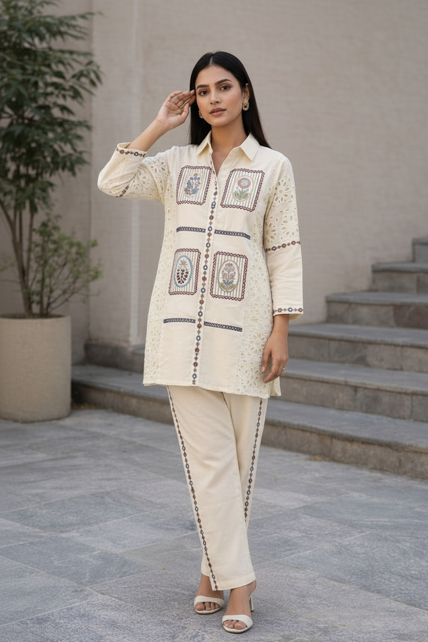 Women’s Cotton Co ord set with Embroidered Panels | Handcrafted Ethnic Co-Ord, Soft & Breathable
