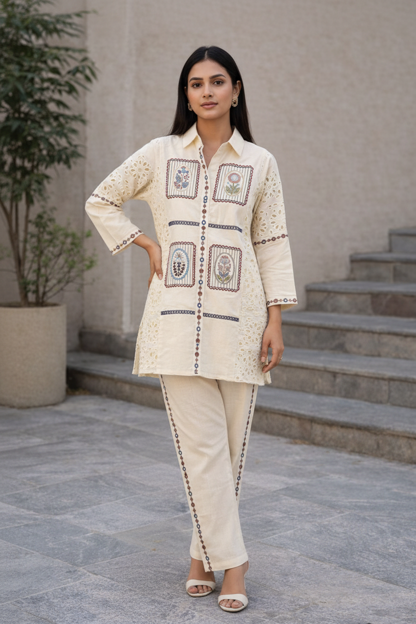 Women’s Cotton Co ord set with Embroidered Panels | Handcrafted Ethnic Co-Ord, Soft & Breathable