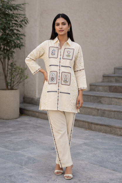 Women’s Cotton Co ord set with Embroidered Panels | Handcrafted Ethnic Co-Ord, Soft & Breathable